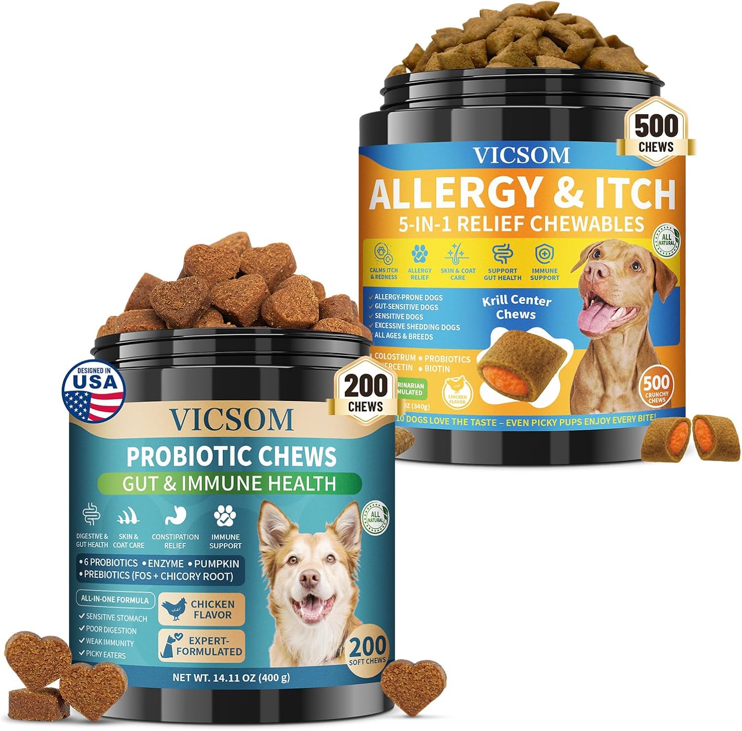 Dog Allergy Relief Chews + Dog Probiotics Chews – Itch & Digestive Support Bundle, 700 Chews Total, Natural Skin & Coat Support with Colostrum, Quercetin & Probiotics for Gut Health, Daily Care for Al