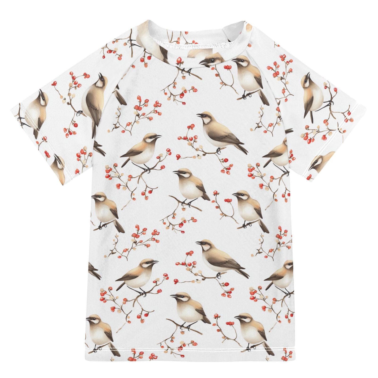 Rash Guard Bathing Suit Girls Short Sleeve Girls Rash Guard Top 3T Cartoon Cedar Waxwing Birds White