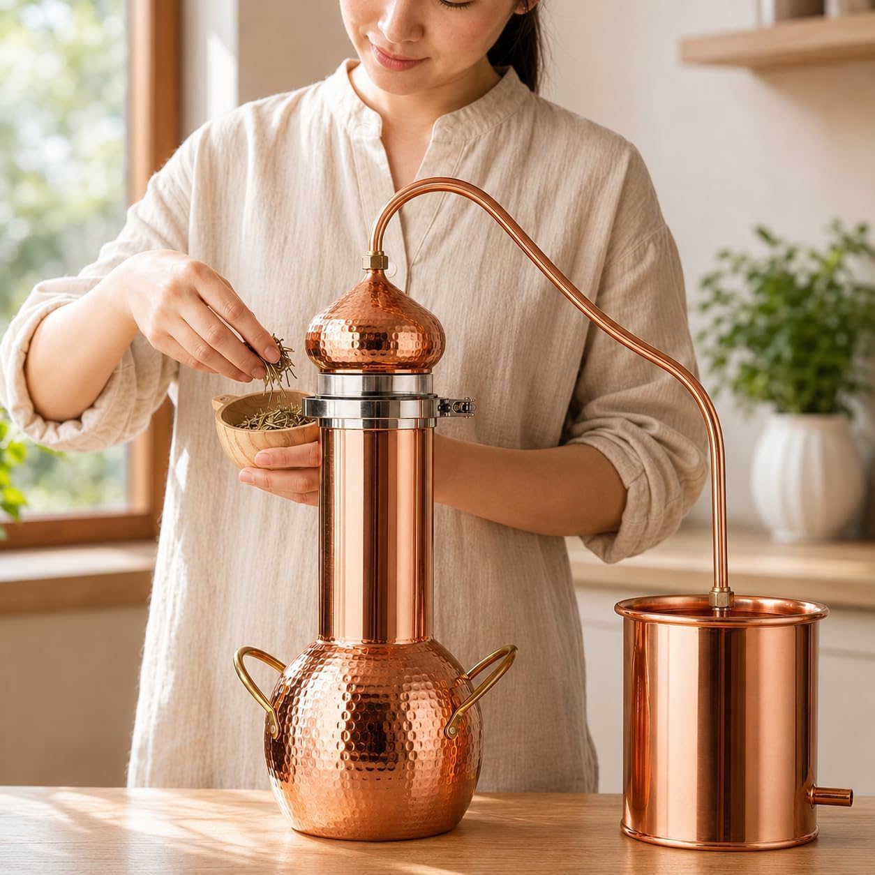 Kit de alambique de cobre de 2 litros con termómetro para aceites esenciales, whisky y destilación doméstica