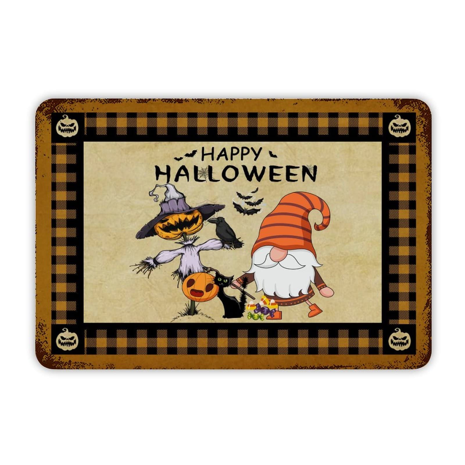 ENEDNATE Farmhouse Aluminum Sign Happy Halloween Gnome Black Cat Bat Spider Ghost Pumpkin Metal Sign Retro Aluminum Tin Sign for Kitchen Bedroom Living Room Wall Art Door Home Decor Sign 8"x12"