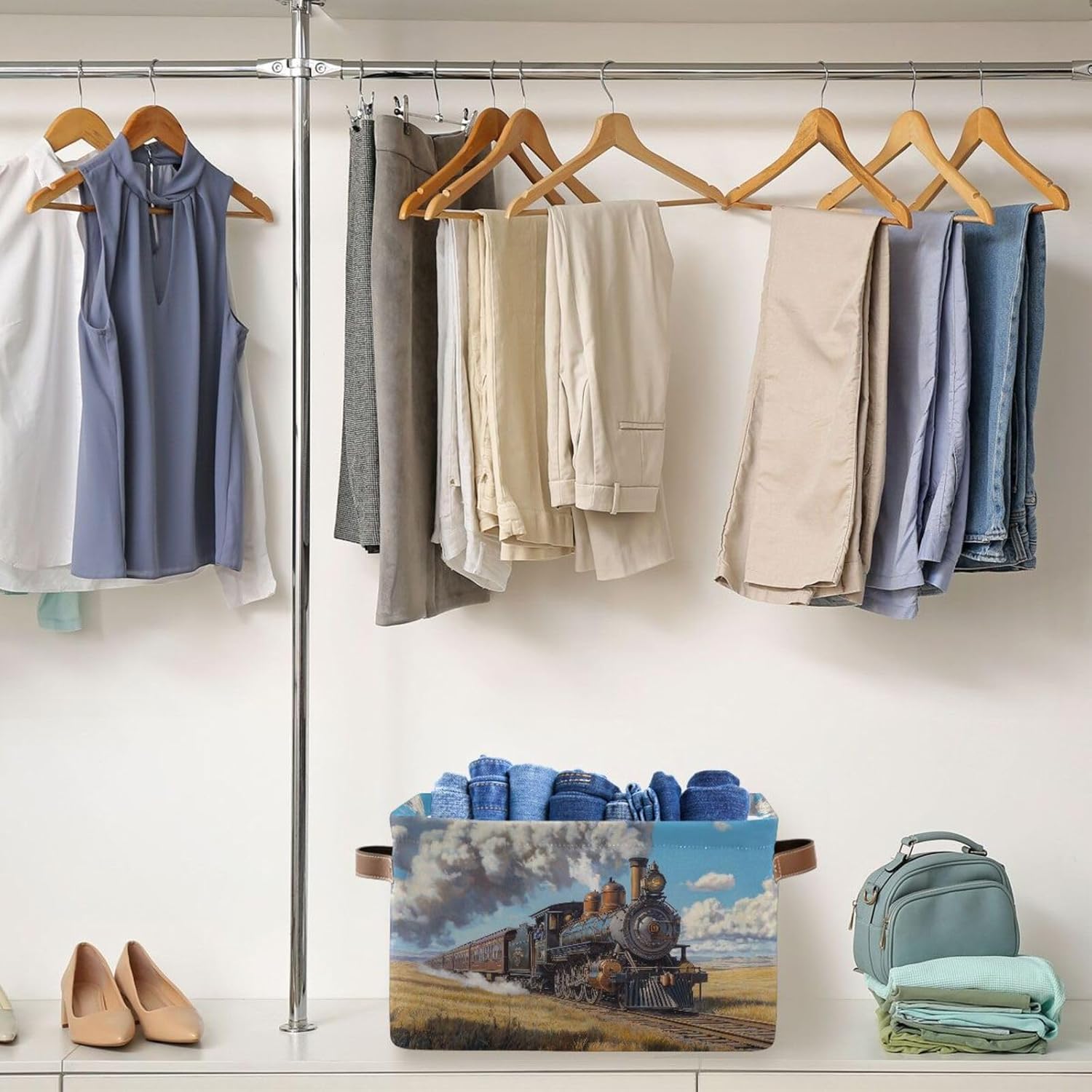 Rectangular Storage Basket with Handle Engine Train Moving Collapsible Organizer Bin Shelf Baskets for Closet Office Nursery Home Decor 2 Pack