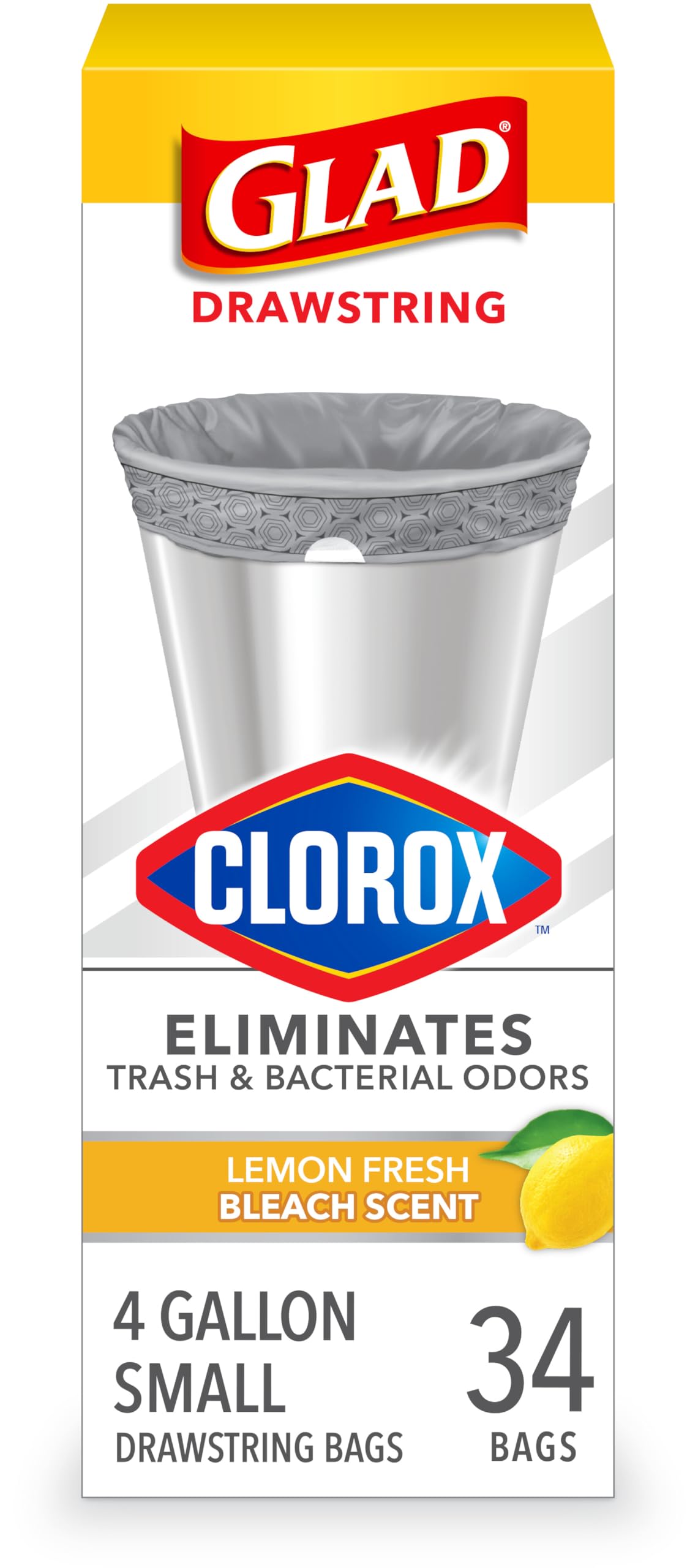 Glad Small Drawstring Trash Bags with Clorox, 4 Gal, Lemon Fresh Bleach, 34 Ct (Package May Vary)