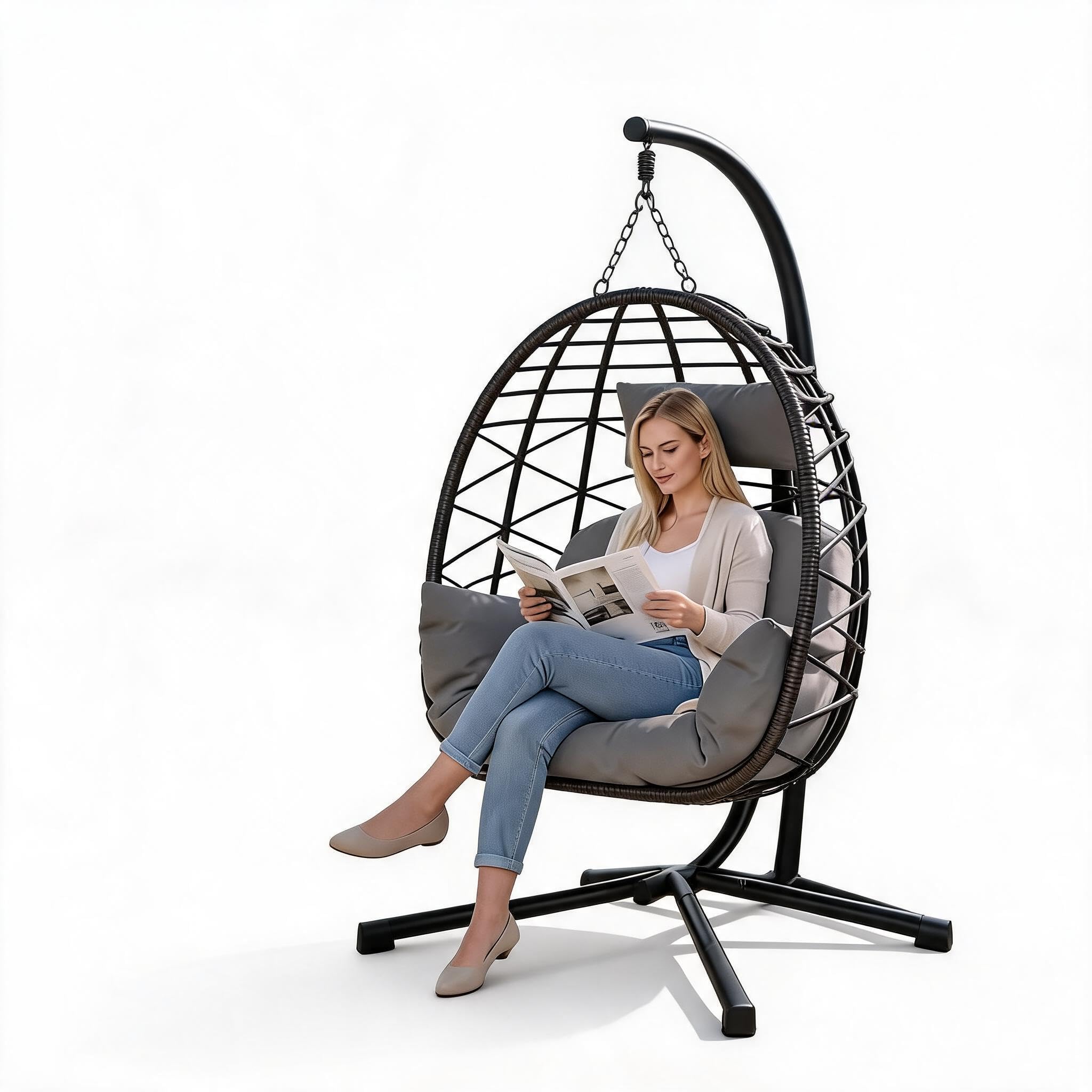 Fauteuil Suspendu Extérieur avec Support, Coussin Épais，Charge 150kg-Gris