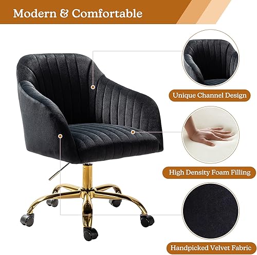 Miniatura 6 de HULALA HOME Silla de escritorio de oficina de terciopelo mostaza, silla giratoria para computadora con base de metal cromado, silla de trabajo