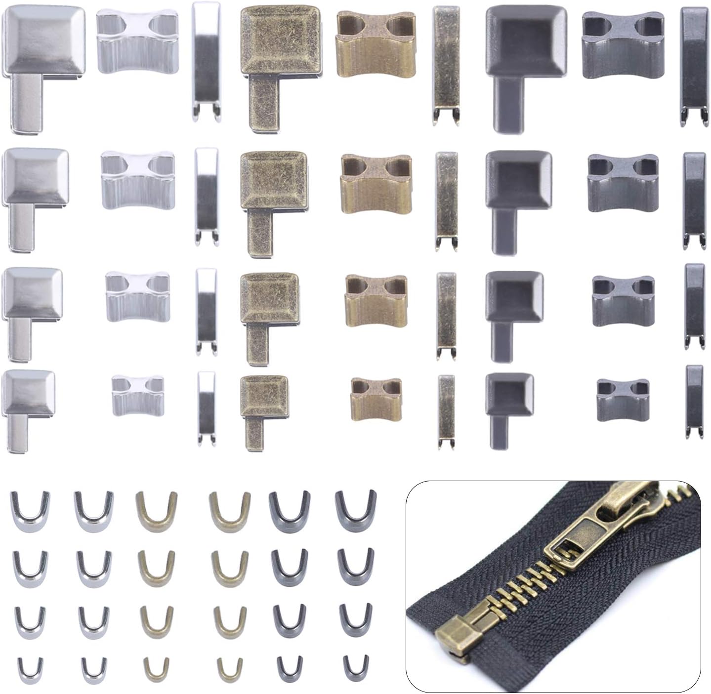 60 Pcs Metal Zipper Stopper, Zipper Repair Kit for Jackets