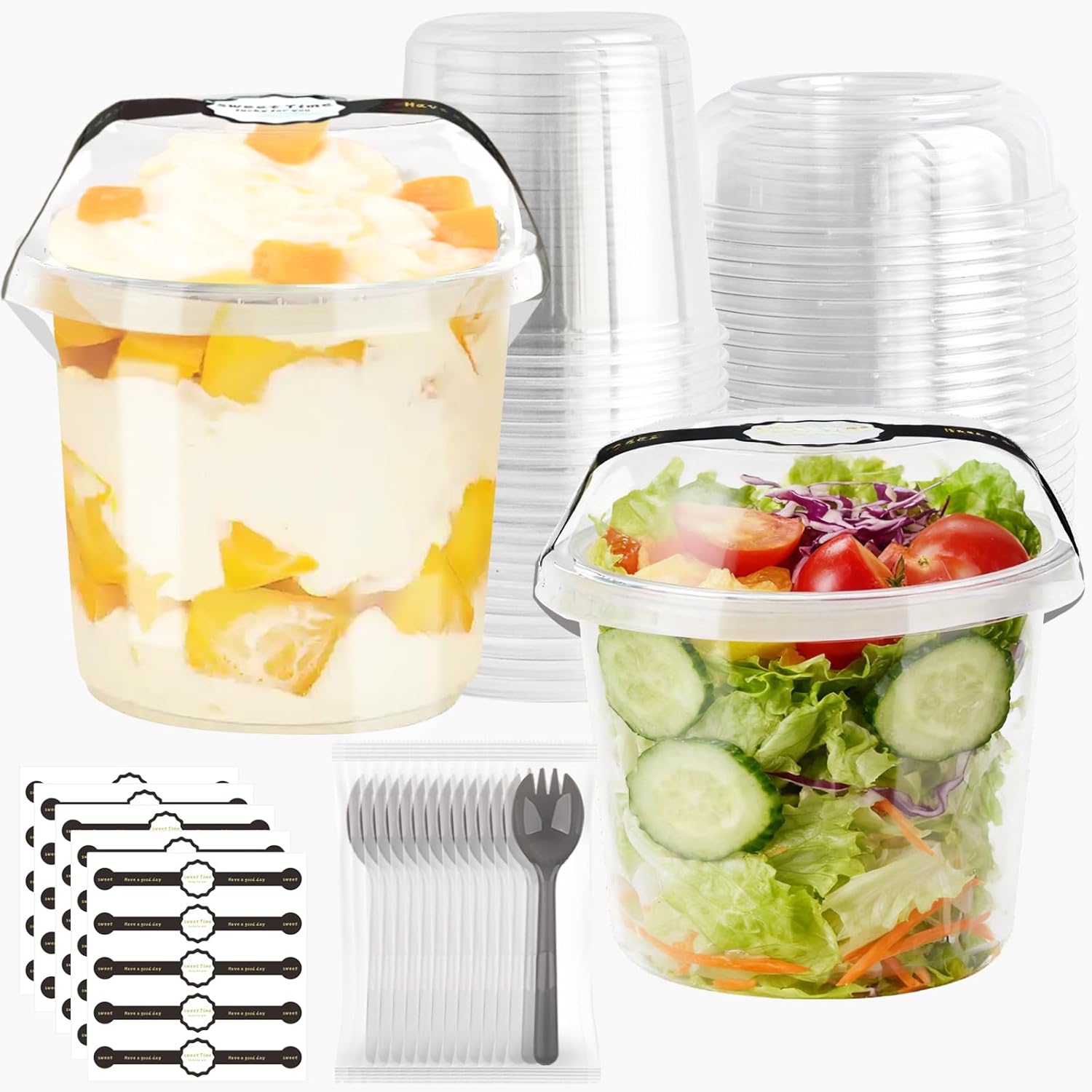 Disposable Food Containers With Lids And Spoons 50 Pack 24oz Parfait Dessert Fruit Salad Cups Take Out Meal Prep Salad Bowls For Lunch, To-Go Party Containers Food Storage Containers With Lids (24oz)