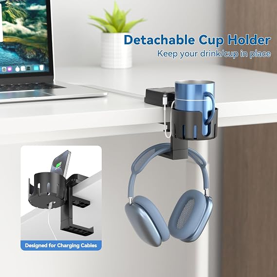 KDD 3 in 1 Drink Holder and Headphone Stand with Cable Storage, Rotating Headphone Hanger Detachable Desk Cup Holder Non-slip Sturdy Space-saving Under Desk Headphone Hook with Two Wire Holes