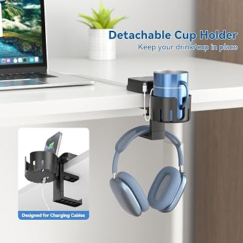 KDD 3 in 1 Drink Holder and Headphone Stand with Cable Storage, Rotating Headphone Hanger Detachable Desk Cup Holder Non-slip Sturdy Space-saving Under Desk Headphone Hook with Two Wire Holes