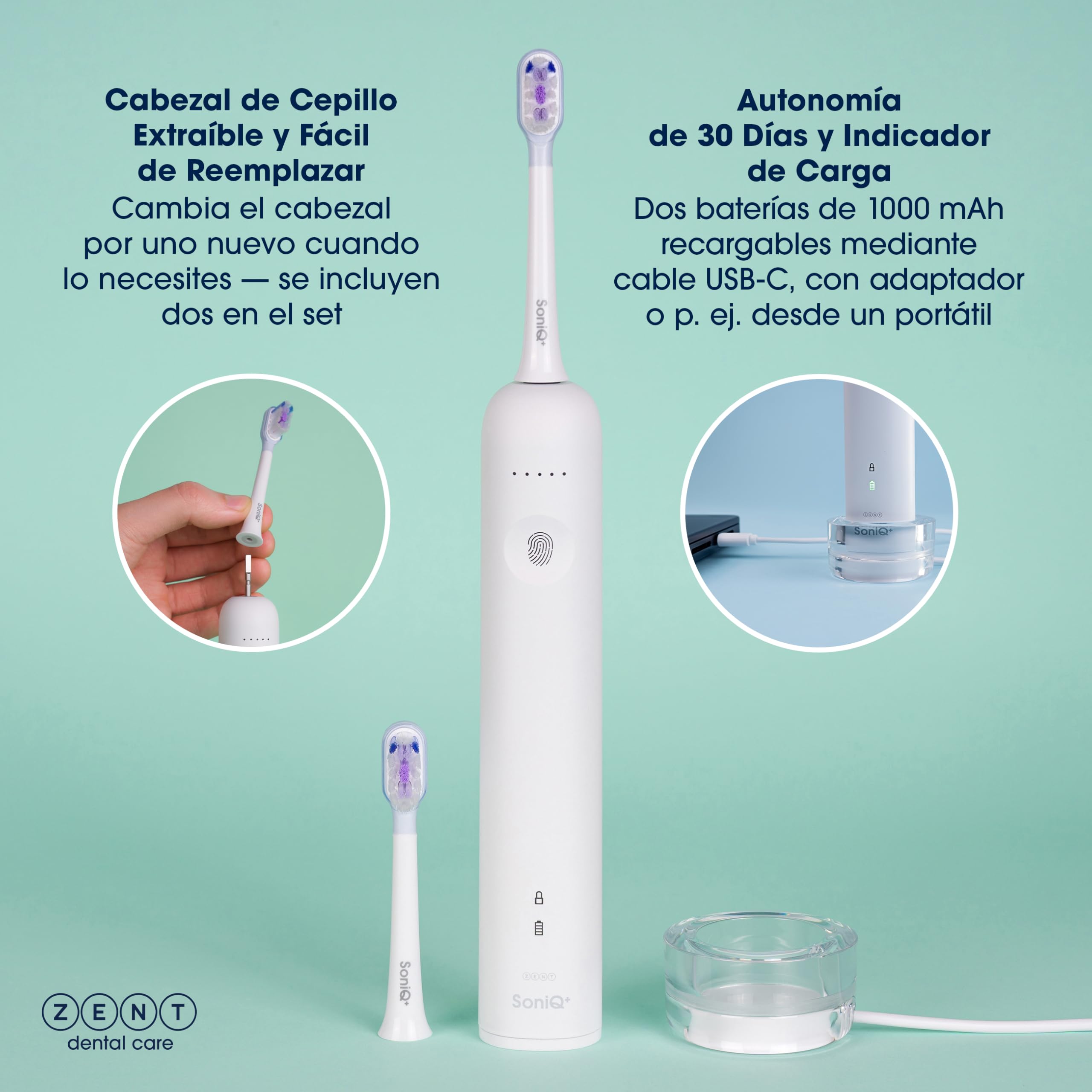 ZENT Cepillo de dientes eléctrico 2en1 para dientes sensibles | Cepillo sonico dental con movimiento rotativo de 60°, 5 modos de funcionamiento, IPX7 Impermeable, Cargador por inducción