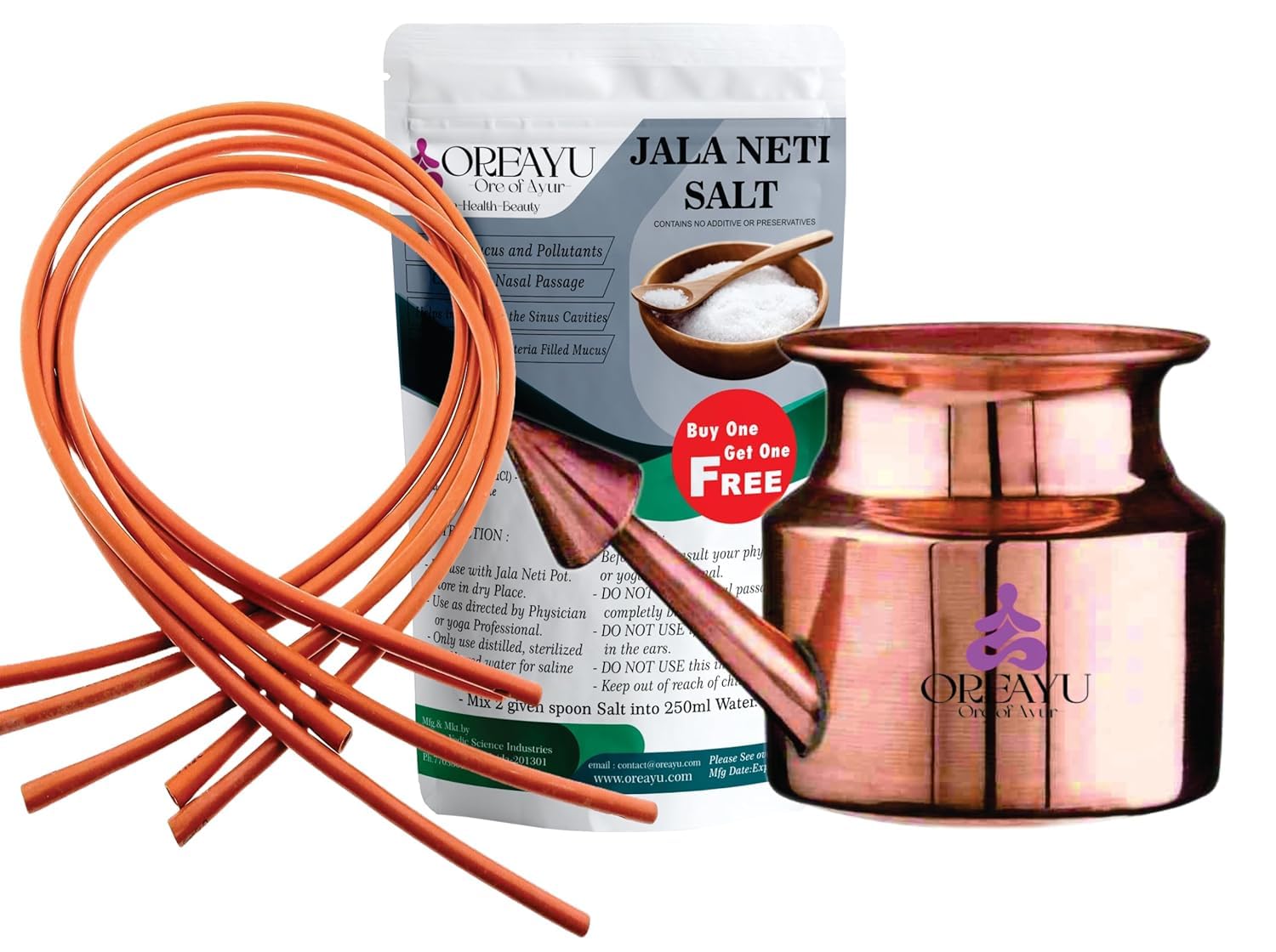 OREAYU ™ Copper Neti Yoga and Ayurveda Jala Neti Pot for Sinus with No. 4 Rubber Neti Sutra Nose Irrigation and Cleaning (5 Rubber neti sutra no 4, 200g neti salt and 250ml copper neti)-image-13