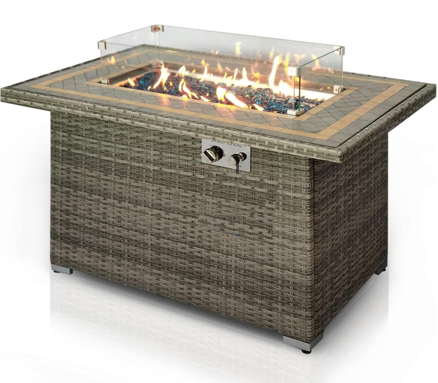 SereneLife Outdoor Propane Fire Pit Table 50000 BTU with Auto Ignition, Glass Wind Guard, Mosaic Tile Top, Clear Glass Rocks, and Weather-Resistant Design for Patio or Backyard