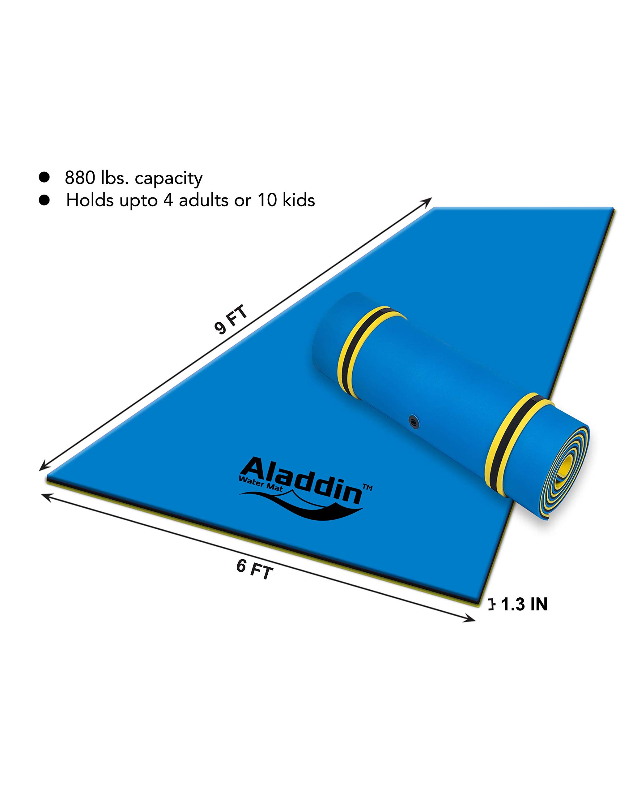 Aladdin Water Mat, Premium Floating Water Pad, Lily Pad for Lake, River, Ocean, Boating, Family,Adults & Kids (9' x 6' Blue/Yellow)