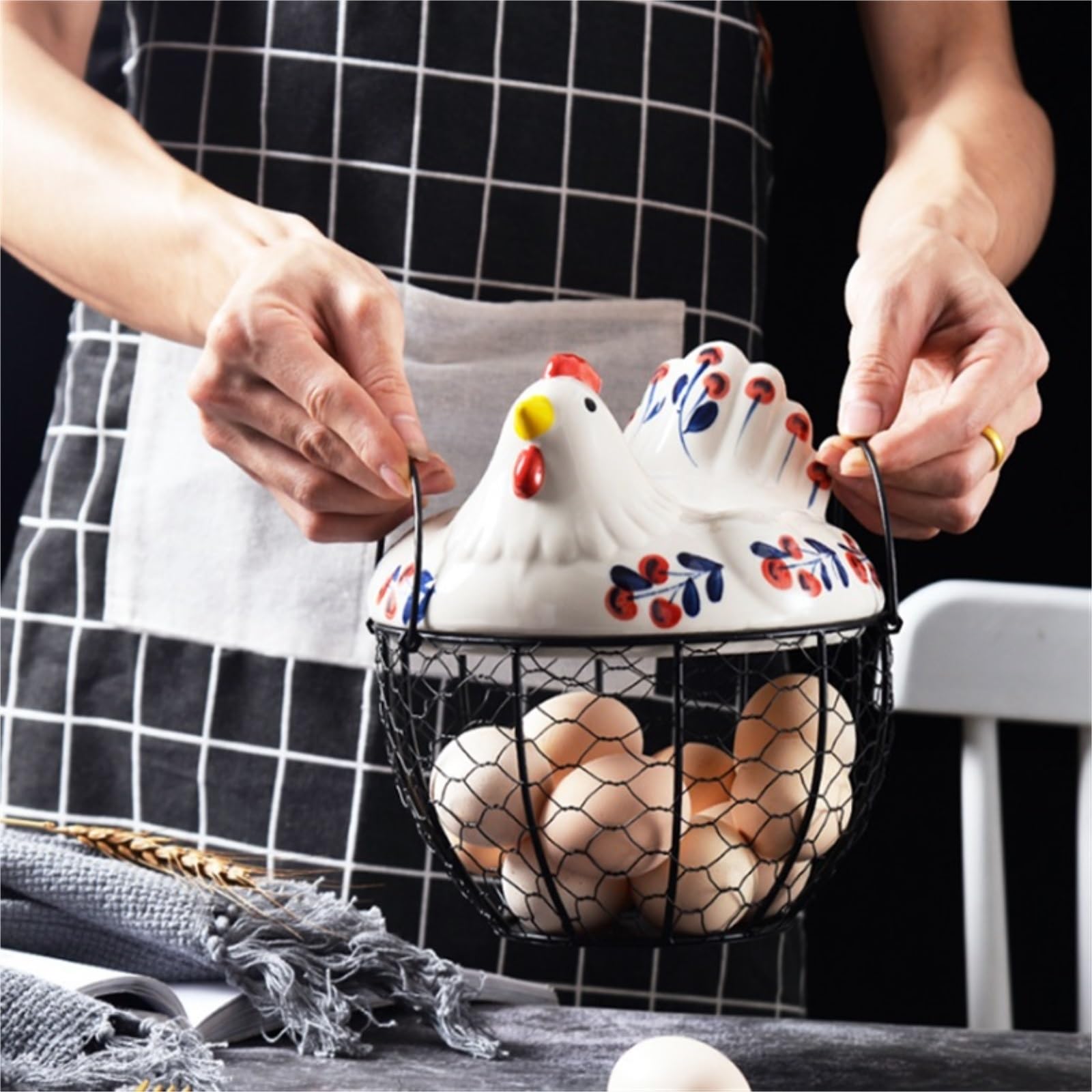 Cesta para La Recogida De Huevos Cesta De Huevos Alambre Metal para Almacenamiento Cocina, Caja Organizadora Frescos con Cubierta Pollo Granja Cerámica para Mostrador