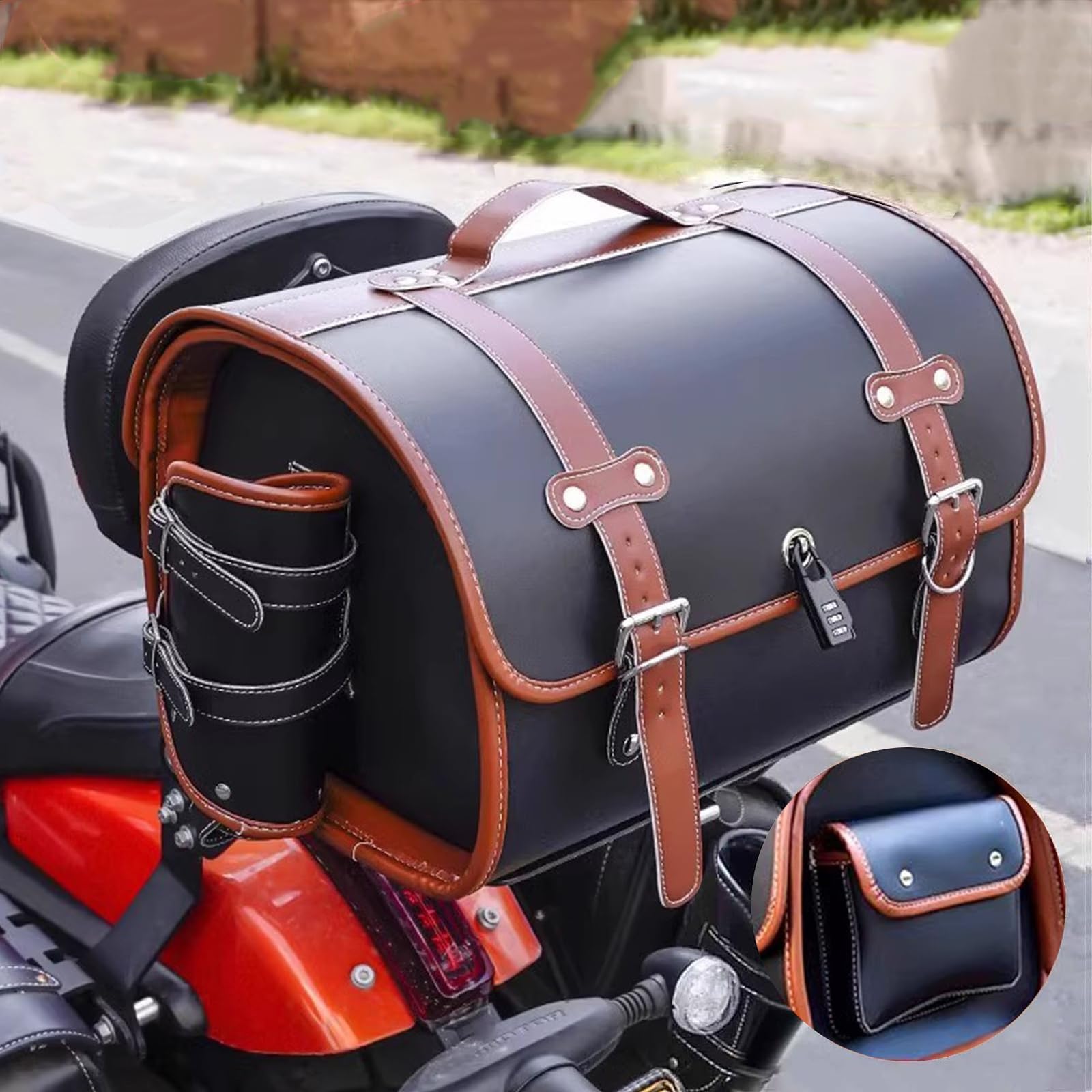 ELNas 33L Motorrad Hecktasche für Yamaha Tracer 9/GT 2021-2024, wasserdichte Leder Gepäcktasche mit Zahlenschloss Retro Motorrad Topcase, Zubehör Reisen,E Black+Brown