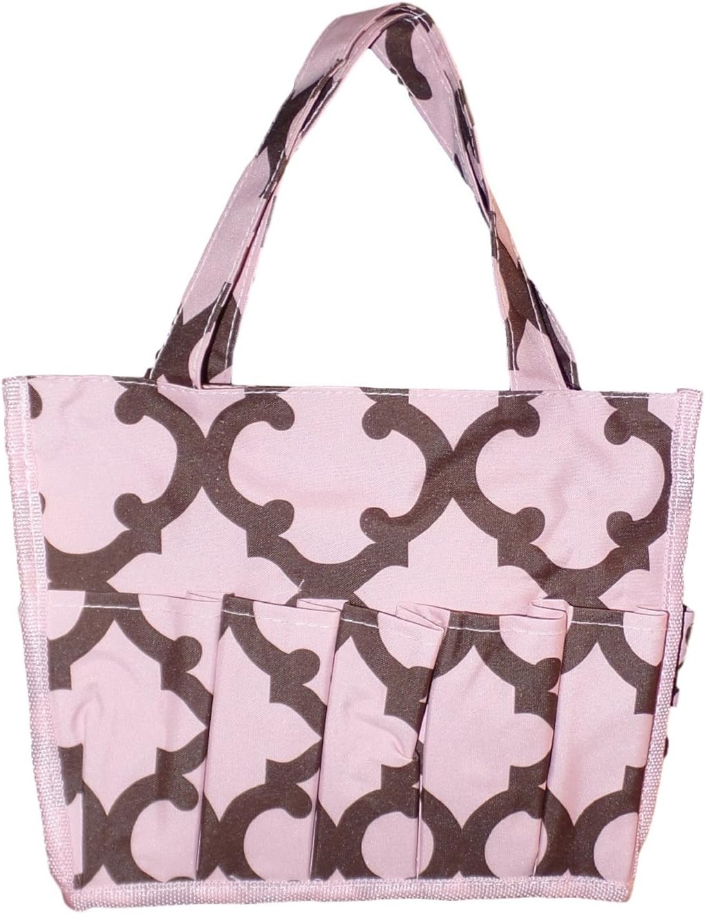 California Medium Fashion Print Organizing Tote with 12 Outside Pockets 10" x 8" x 8" (Blank, Pink and Brown Quatrefoil)
