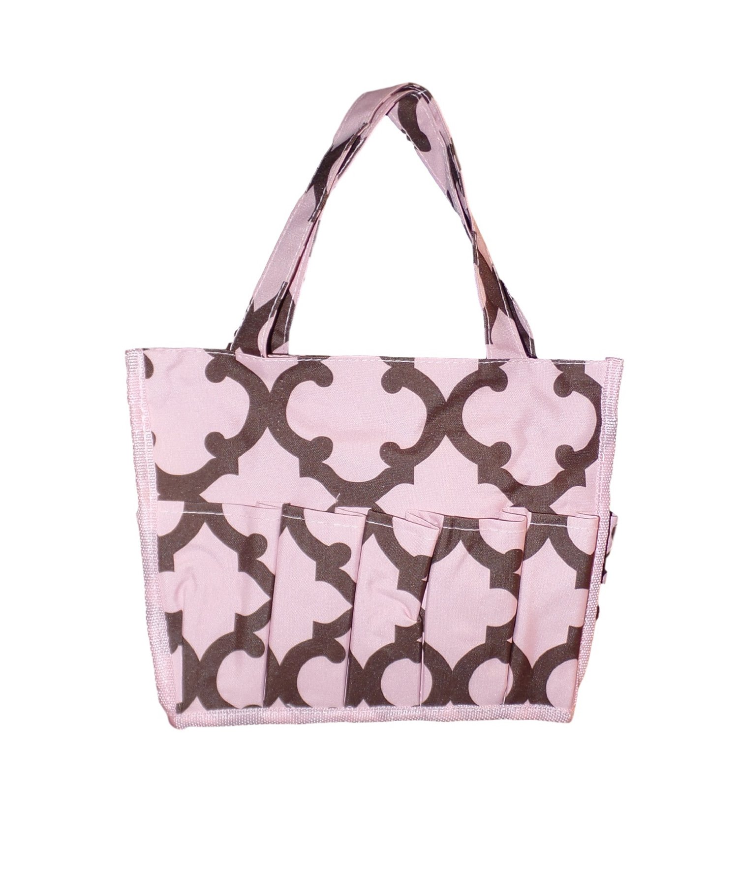 California Medium Fashion Print Organizing Tote with 12 Outside Pockets 10" x 8" x 8" (Blank, Pink and Brown Quatrefoil)