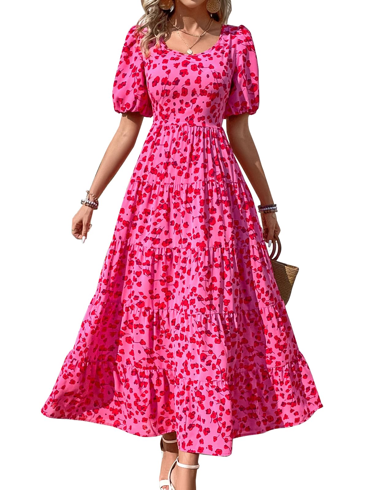 (( Size X-L))PRETTYGARDEN Womens Dresses 2024 Puff Sleeve Floral Casual Summer Dresses Smocked Backless Beach Flowy Tiered Maxi Dress