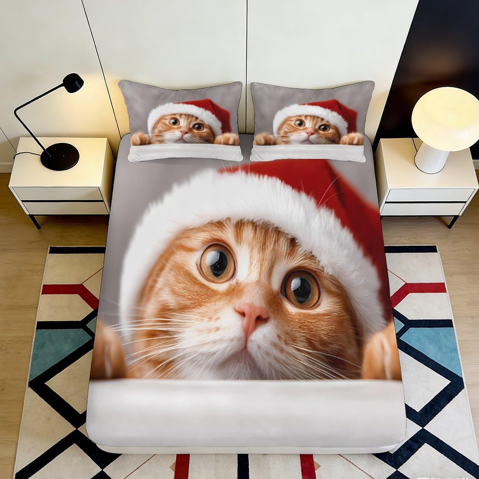 3D Printed Christmas Cat Fitted Sheet Microfiber Red Santa Hat Mattress Cover for Bedroom Dorm Mattress Protection Decor 90x200x25cm