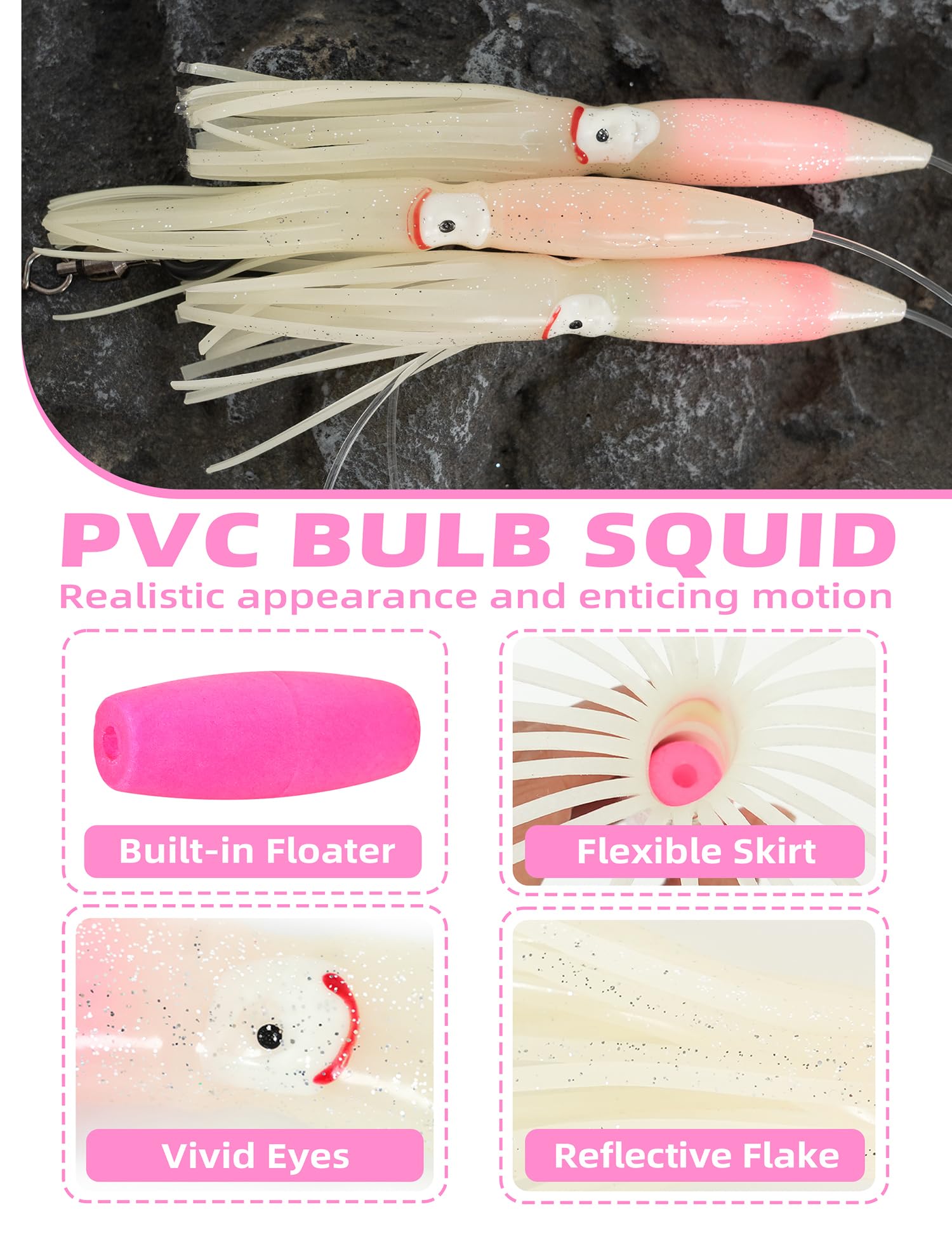 BLUEWING Fishing Spreader Bar Main Line Replacement Parts with 9in Bulb Squids, 300lb Mono Nylon Line and Large Snap Swivel for Wahoo Tuna Marlin Mahi Mahi Fishing, Pink/Glow