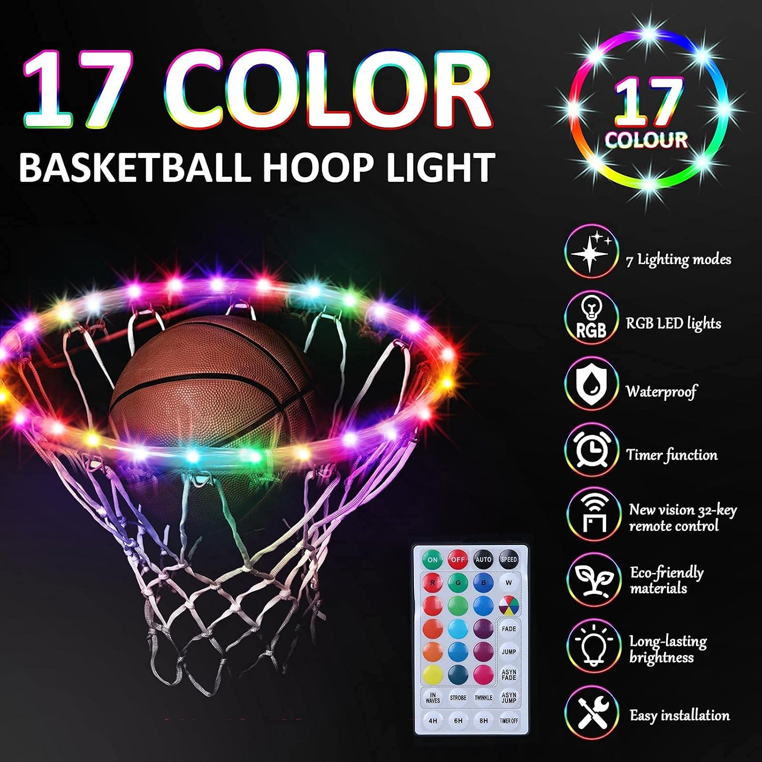 Rope lights LED Basketball Hoop Light, Remote Control Waterproof Basketball Rim Lights with 17 Colors 7 Lighting Modes, Super Bright Goal Accessories for Kids Adults Boys Outdoor Game and Training : Sports & Outdoors