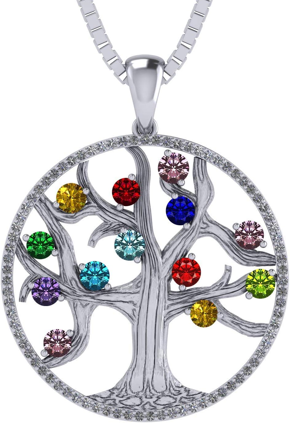 Tree of Life Mothers Birthstone Necklace in Silver-10K or 14K Gold. Up to 12stones