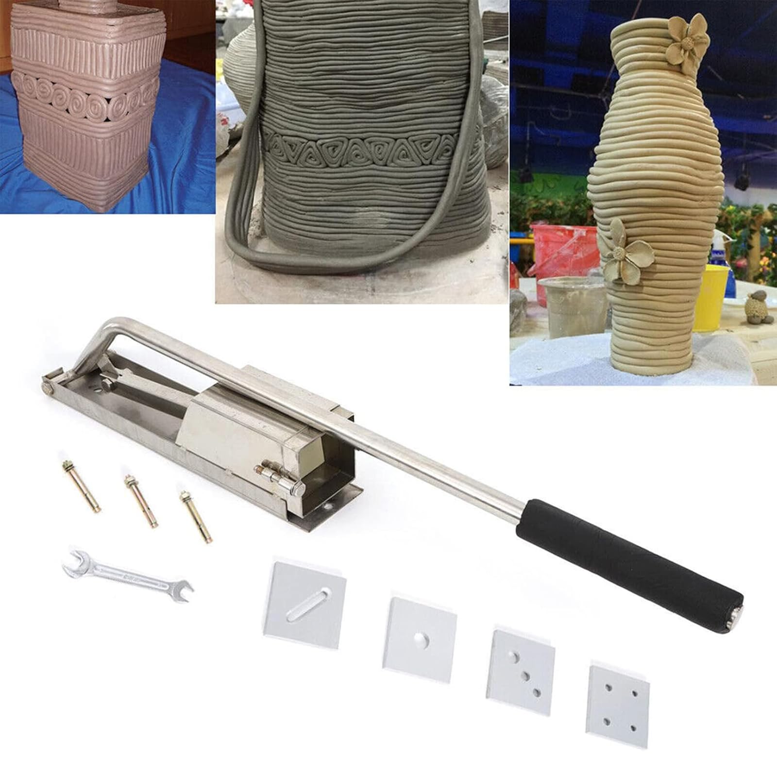 Herramienta extrusora de arcilla, extrusora de pasta de azúcar de acero inoxidable con mango y 4 módulos para cerámica, cerámica, manualidades y moldeo de arcilla polimérica