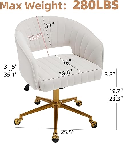 Miniatura 3 de Westice Sillas de oficina en casa, moderna silla rodante de terciopelo para escritorio, silla giratoria de altura ajustable con base dorada, silla