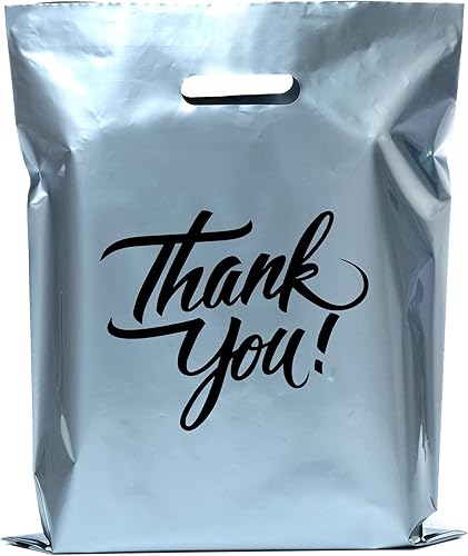Miniatura 1 de Bolsas de mercancía de agradecimiento negras y plateadas de 9 x 12 pulgadas, asas troqueladas, bolsas de compras al por menor para boutique, bolsas