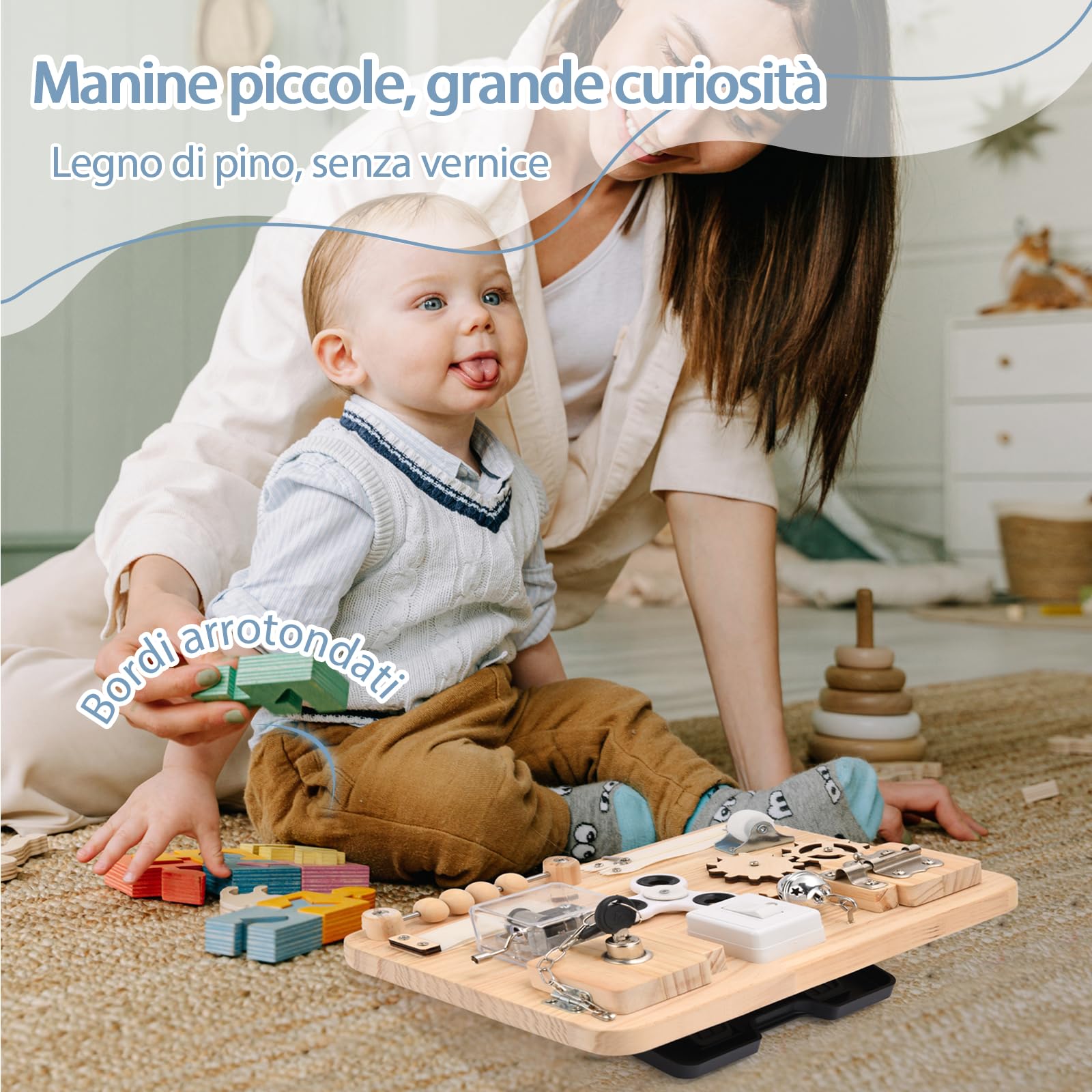 potatomato Busy Board Montessori in Legno - Gioco sensoriale ed educativo per Bambini - attività Manuale e Gioco da Viaggio Bambini e Compleanni