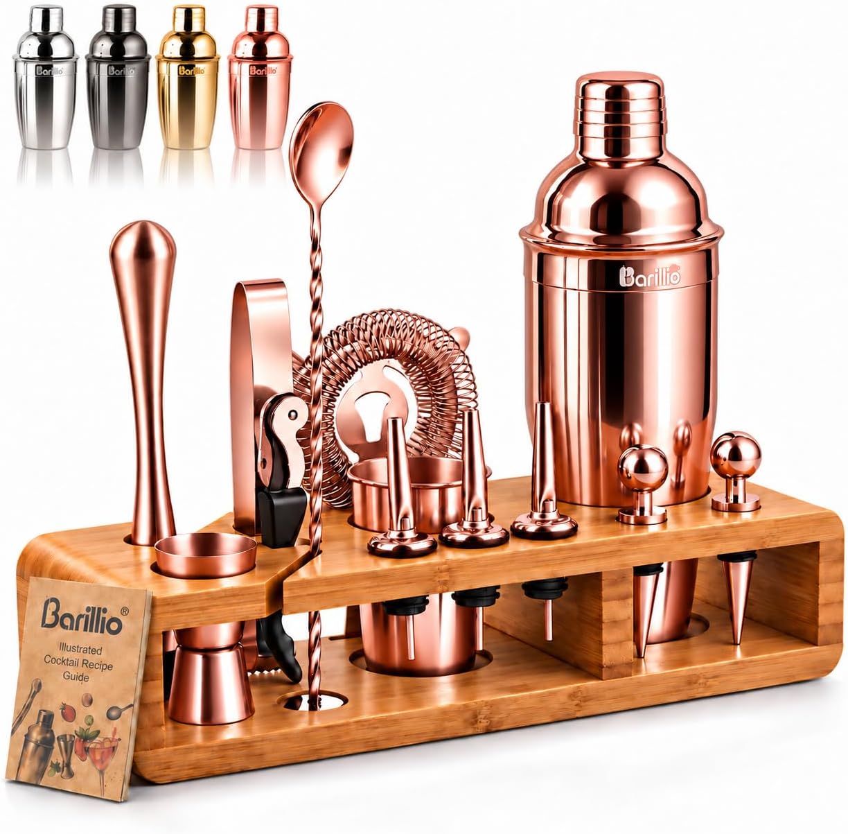 Barillio Rose Gold Bartender Kit - Stainless-Steel Cocktail Shaker Set w/Bamboo Stand - Mixology Bar Tools w/Drink Shaker, Mixer and Muddler for Cocktails - Home Bar Accessories - 23-Pc Bar Set