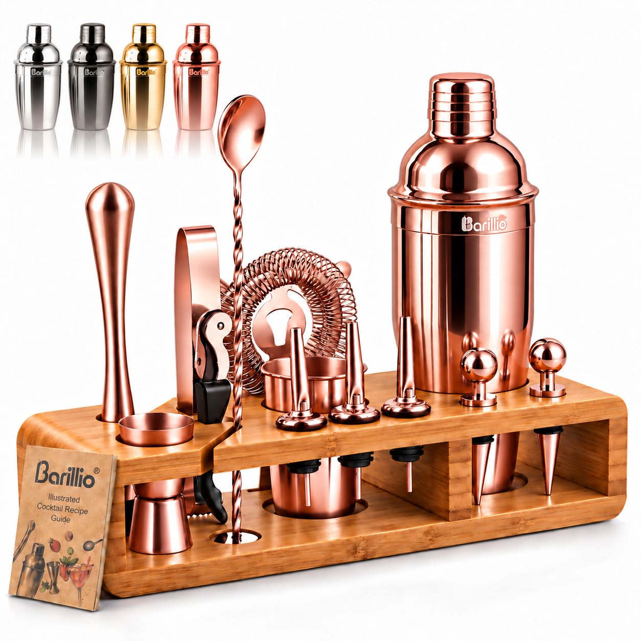 Barillio Rose Gold Bartender Kit - Stainless-Steel Cocktail Shaker Set w/Bamboo Stand - Mixology Bar Tools w/Drink Shaker, Mixer and Muddler for Cocktails - Home Bar Accessories - 23-Pc Bar Set