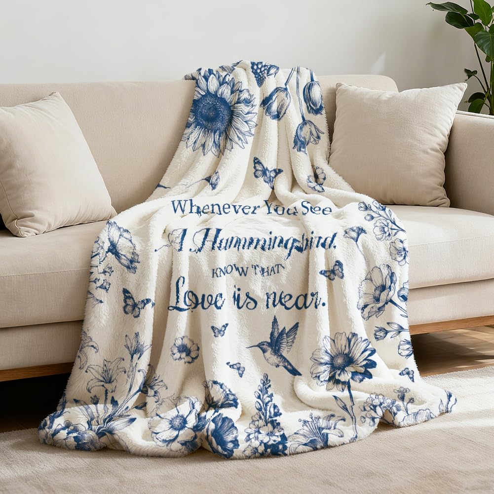 GLOBLELAND Sketch Hummingbird Flower Blanket 59x51 inch Blue White
