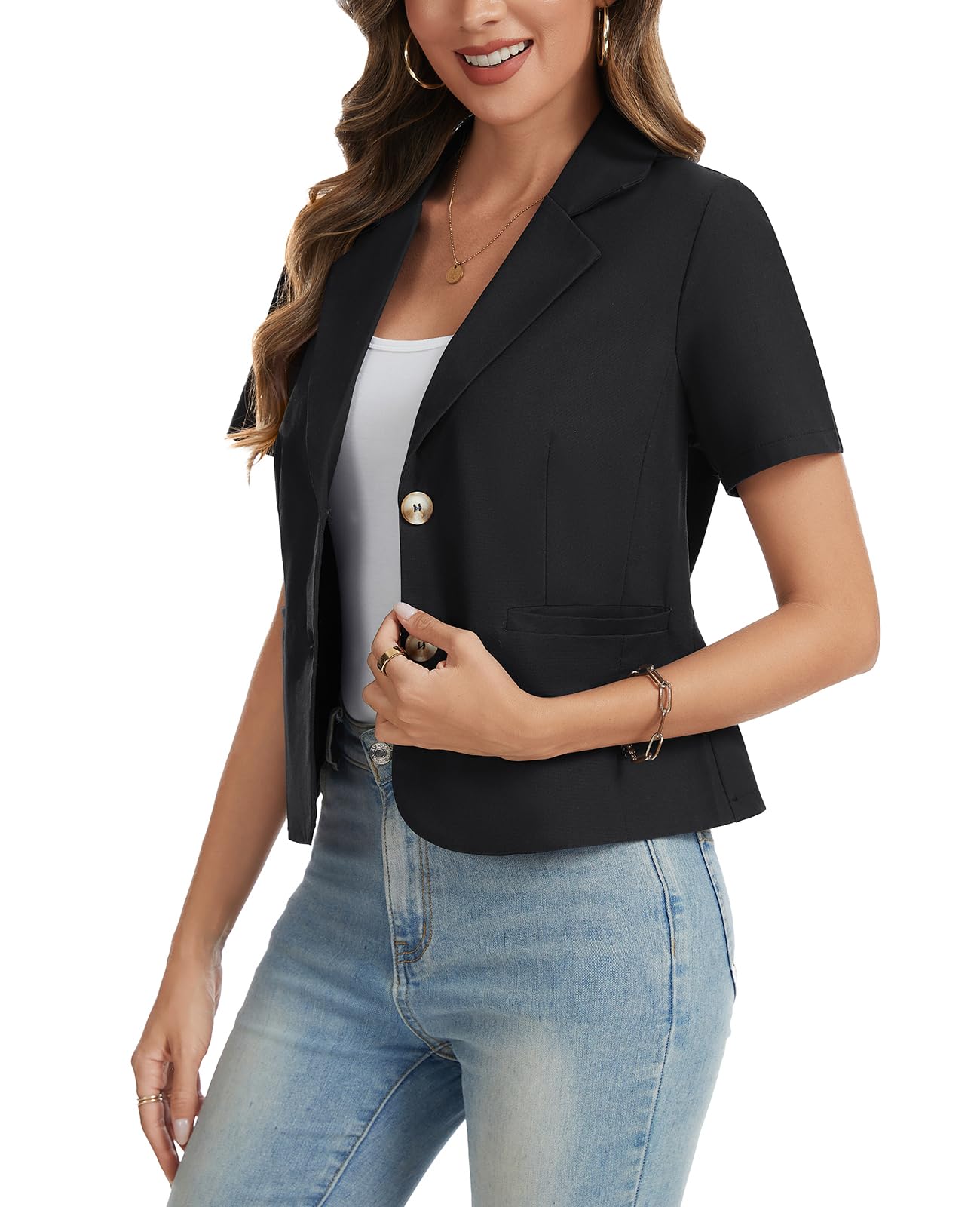 Blazer a maniche corte da donna in cotone e lino, elegante, parzialmente foderato, adatto per abbigliamento casual da lavoro, ufficio