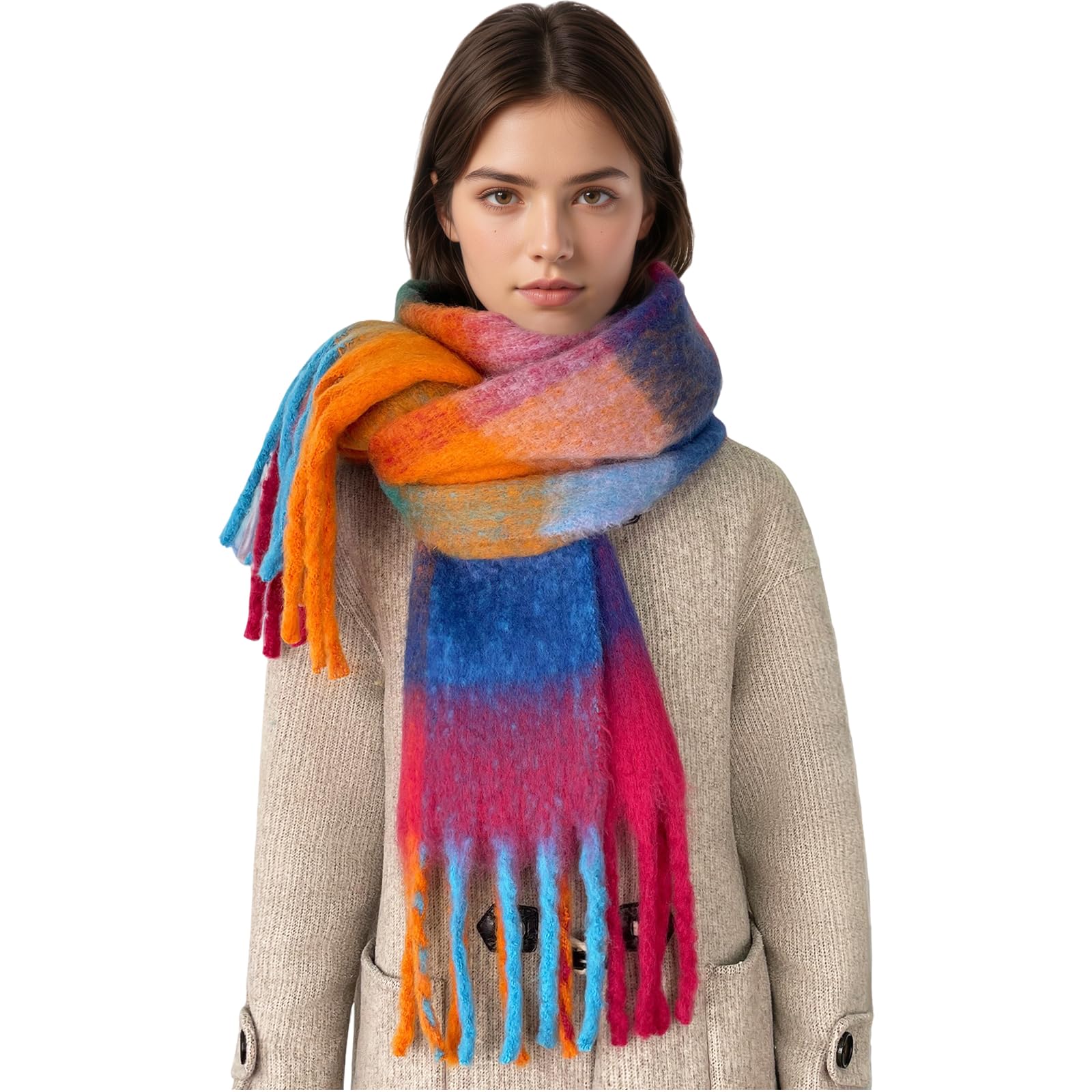 Beurlike Winter Scarf for Women Chunky Warm Thick Tassel Blanket Scarves Plaid Long Shawl for Cold Weather（Orange Blue 29）