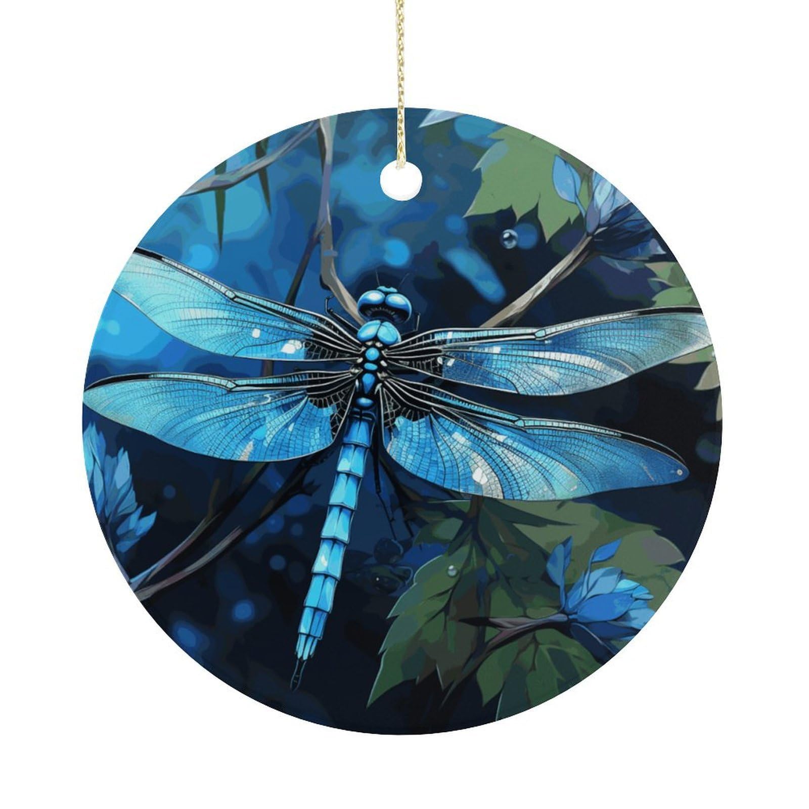 Art Blue Dragonfly Christmas Ornaments Colorful Round Ceramic Ornament Christmas Hanging Decor Christmas Tree Decorations Xmas Keepsake for Women Men Xmas Holiday Party