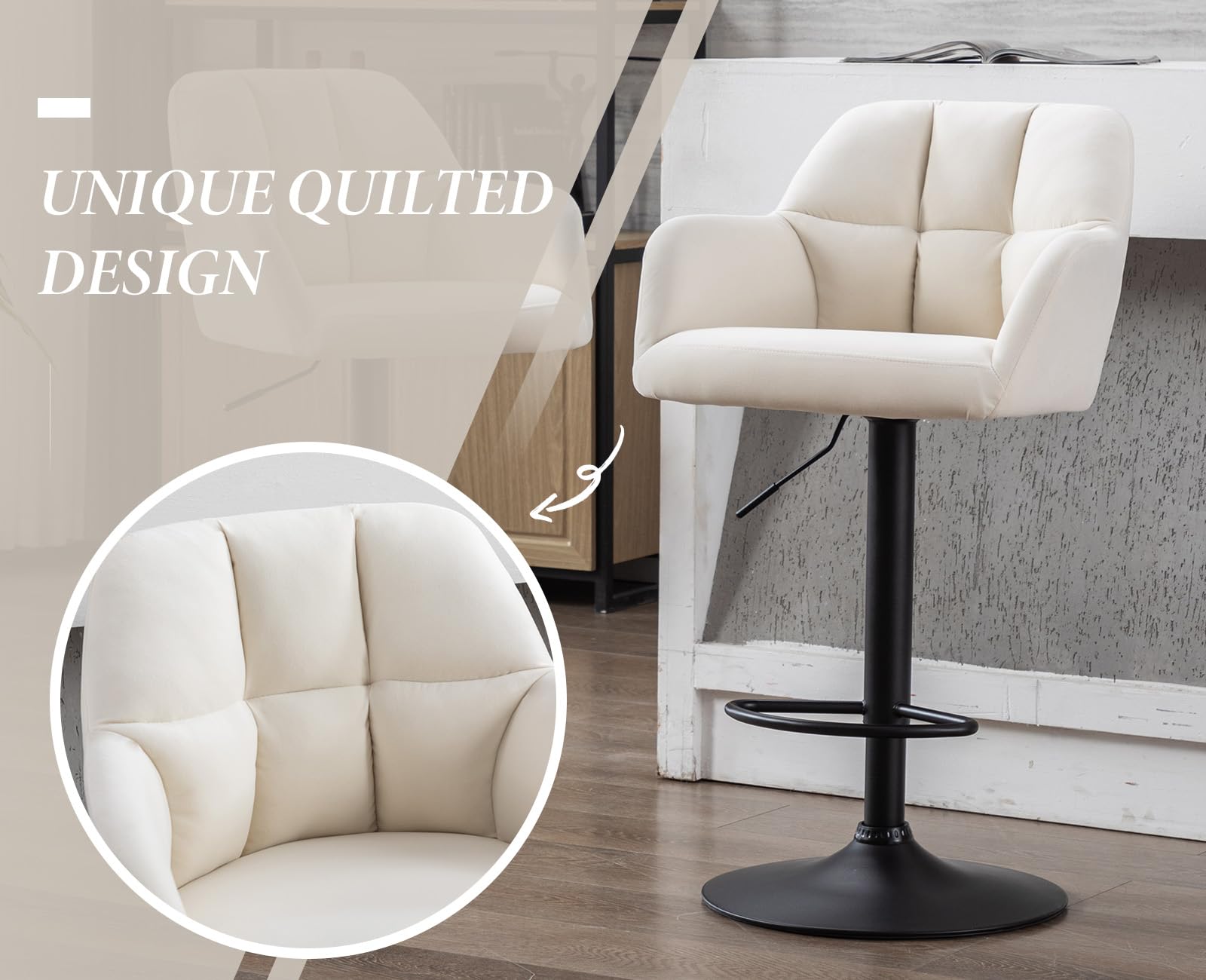 Ya-Home Set di 2 Sgabelli da Bar in Velluto Sgabelli Cucina Imbottiti con Schienale Sgabelli Alti Moderni Sedie da Bar Regolabile e Girevole per Cucina Penisola, Beige