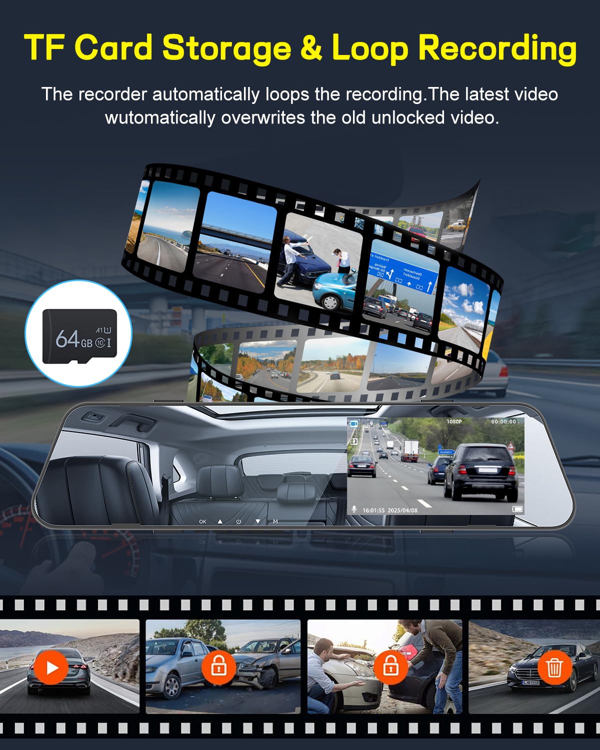 NHOPEEW 1080P Dash Cam con specchio e schermo da 4,5 pollici - Telecamere anteriori e posteriori Supporta registrazione in loop Controllo dell'esposizione della linea di retromarcia Visione notturna