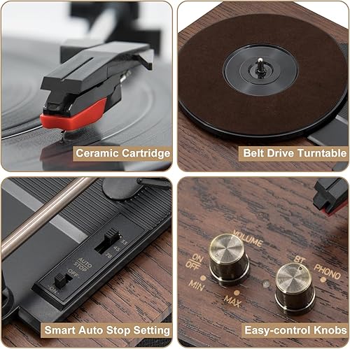 Miniatura 7 de MPK - Tocadiscos Bluetooth, sistema de alta fidelidad con altavoces de estantería, tocadiscos de vinilo de 3 velocidades con transmisión por correa