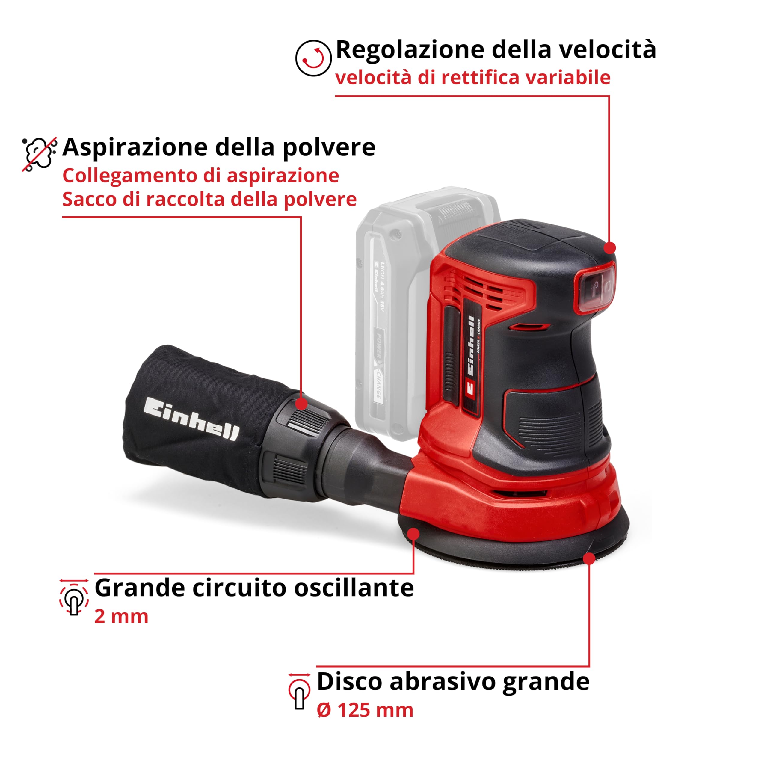 Einhell TE-RS 18 Li-Solo Levigatrice roto orbitale a batteria Power X-Change (18V, oscillazioni al min. 14.000 - 22.000, diam. Platorello 125 mm, senza batteria e caricabatteria)
