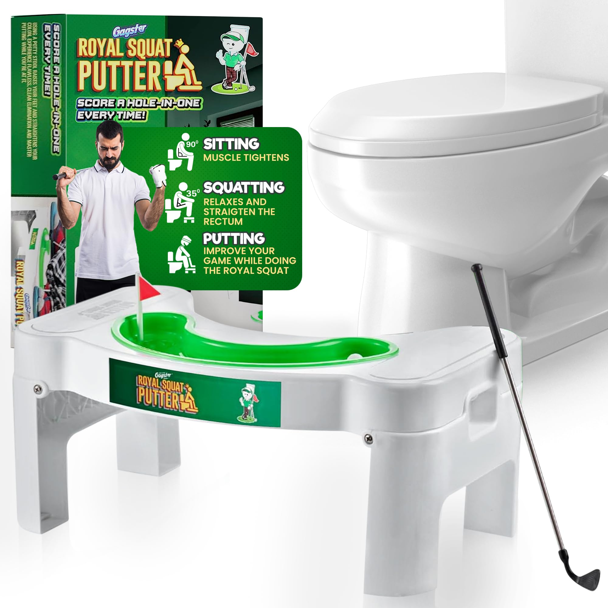 Gagster Royal Squat Putter – Mini Golf Toilet Game – Foldable Potty Stool for Adults – Funny Gag Gift for Men – White Elephant Present Ideas for Office – Indoor Golf Game for Men