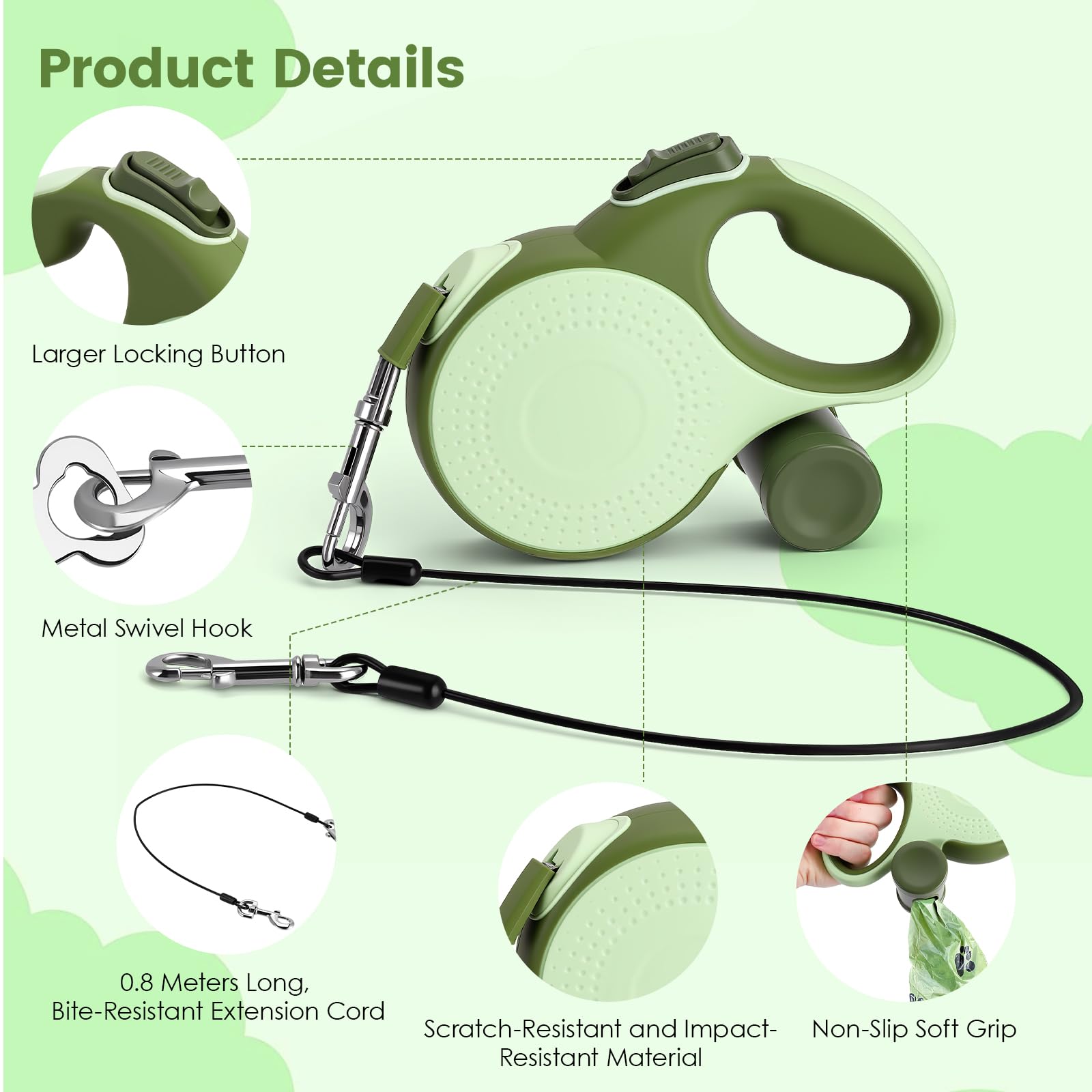 Einziehbare Hundeleine 9m, Rollleine für Hunde bis 50kg, Hundeleine mit Stahlseil & Kotbeutelhalter, Retractable Leine Anti-Verdreh Design für Training, Wald, Strand
