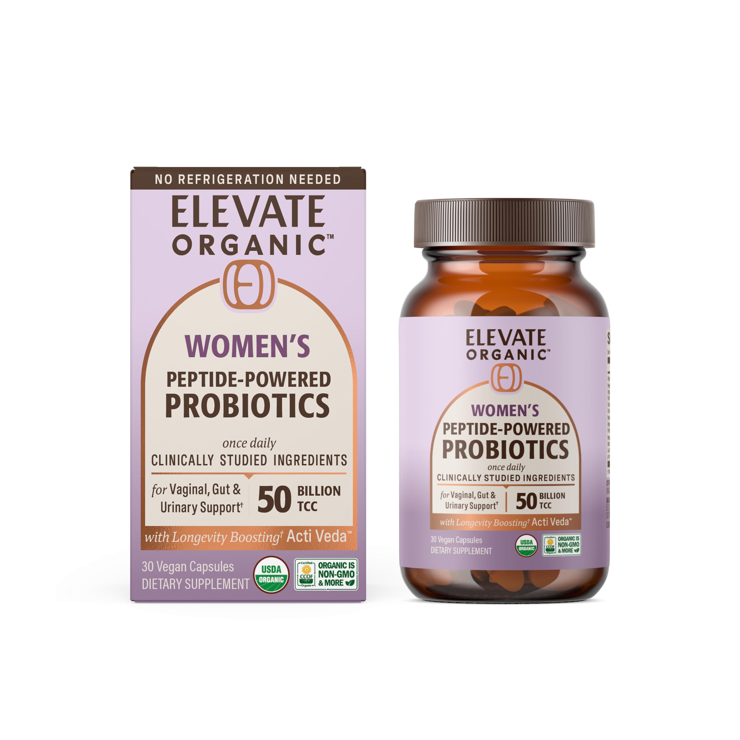 ELEVATE ORGANIC – Suplemento probiótico feminino com prebióticos, probióticos, pós-bióticos, shatavari SRI-81 e 50 bilhões de TCC – 30 cápsulas