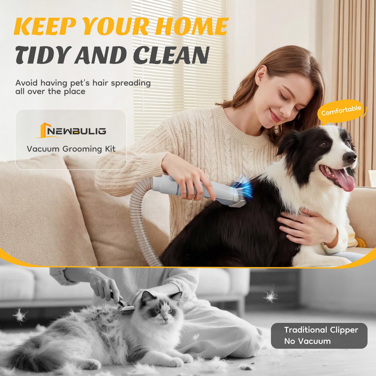NEWBULIG Kit de aspiradora de aseo para mascotas, taza de polvo de 2.5 L, 3 modos de succión y 5 herramientas de peluquería, cortadora de perros con bajo ruido inalámbrico para gatos, perros y otros