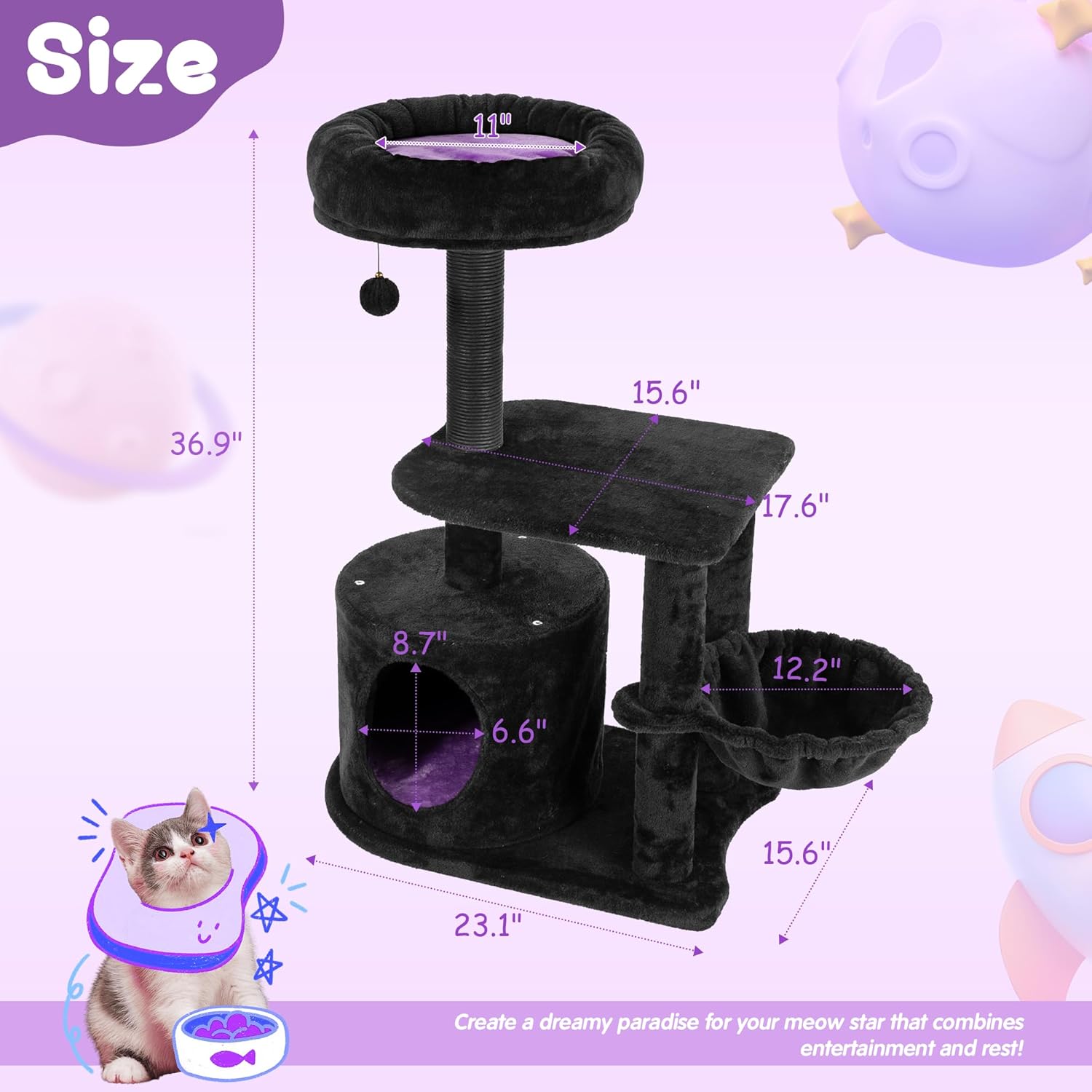 36.8" Black Velvet Gothic Cat Tree with Scratching Posts