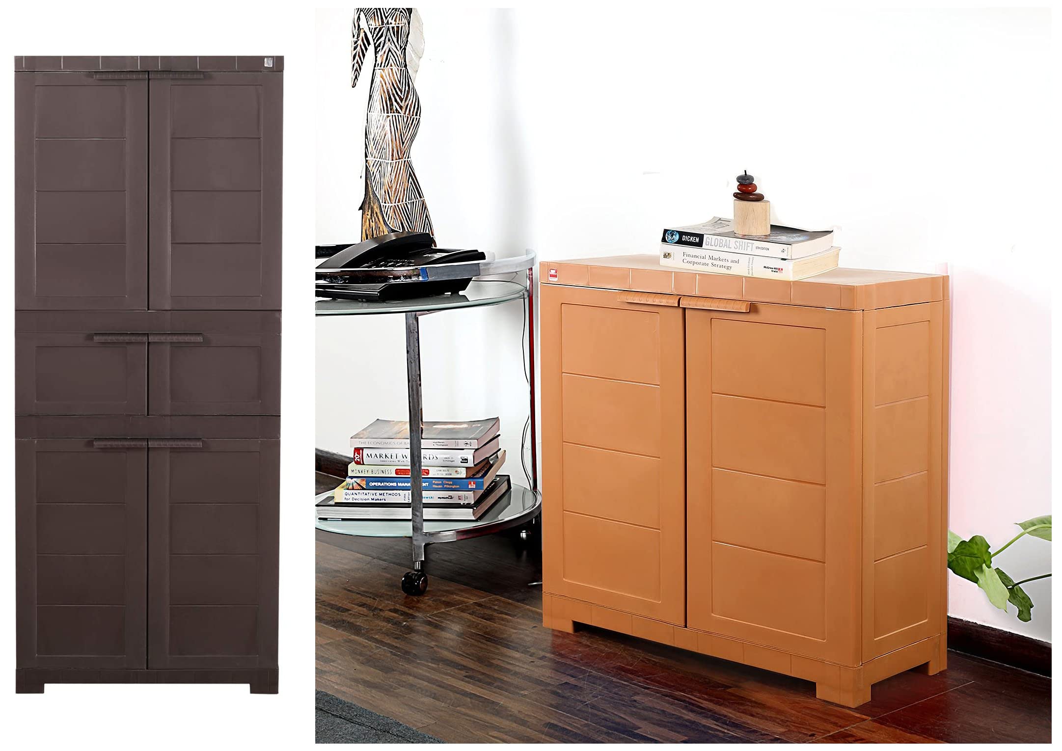 Cello Novelty Plastic Triplex 6 Door Cupboard - Ice Brown Novelty Compact 2 Door Plastic Cupboard with Shelf(Wood/Brown)