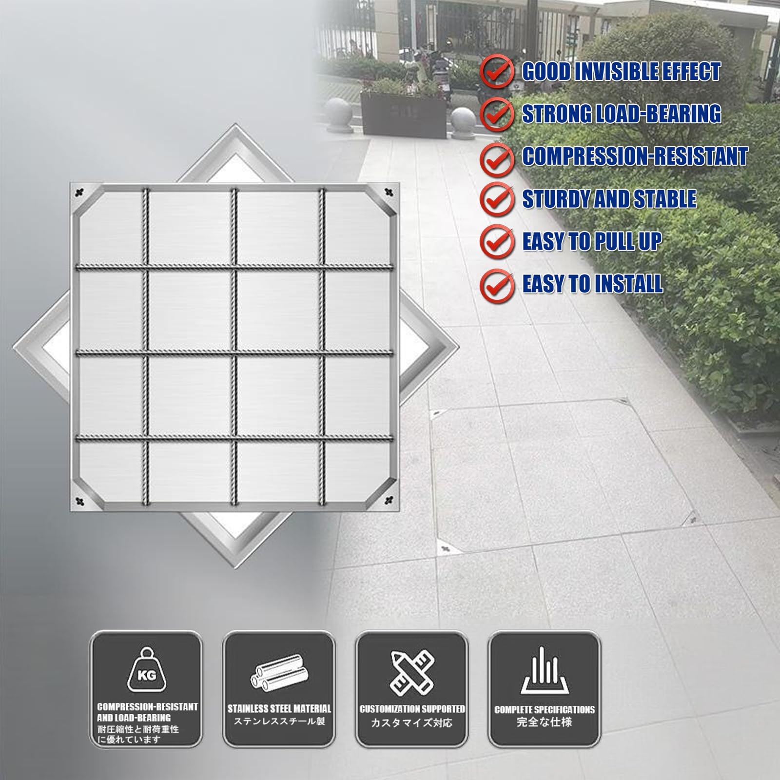 Cubierta de esquina de acero inoxidable con borde de canal integrado para entrada de fosas sépticas activas, uso al aire libre, 70 x 70 cm, diseño elegante
