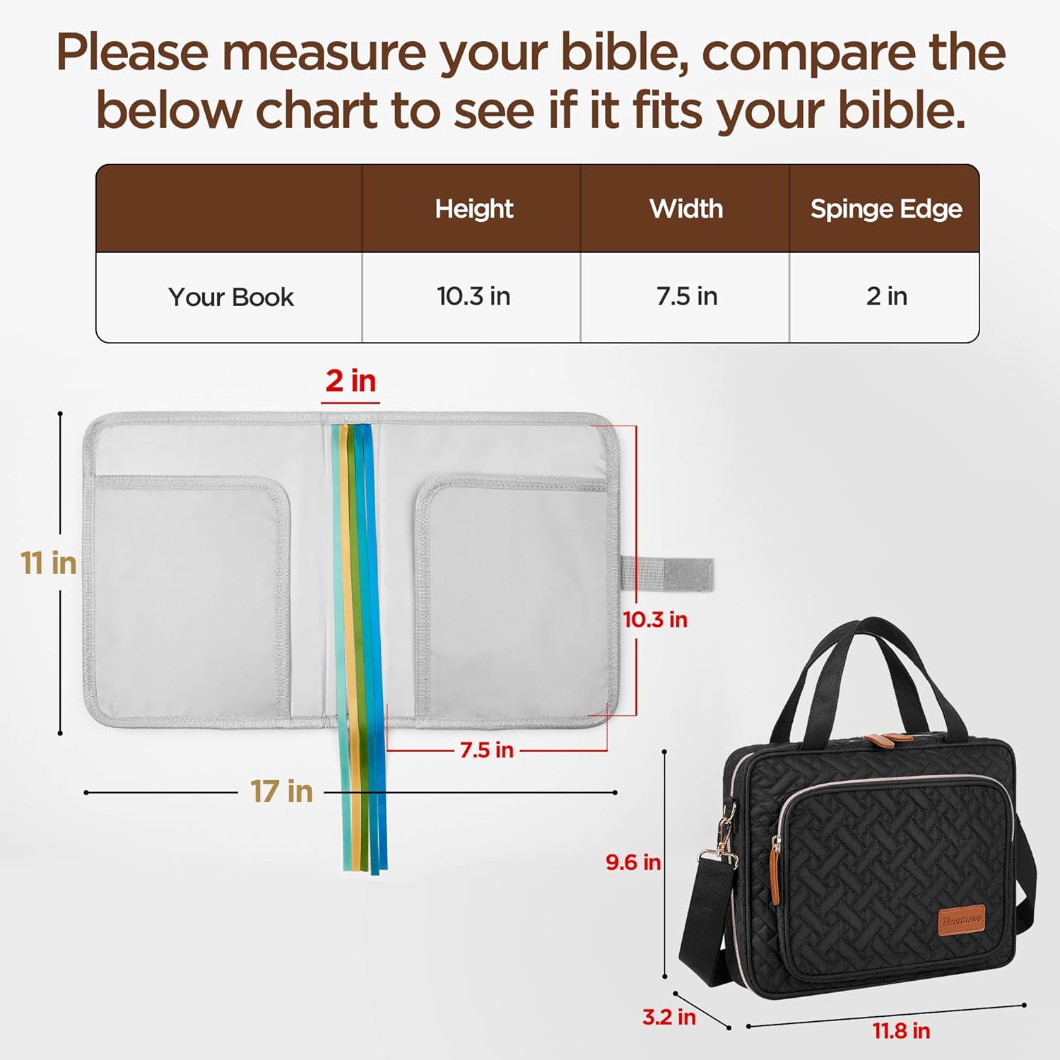 DERSTUEWE Bible Cover Case for Women – Stylish & Durable Bible Bag with Zippered Closure, Floral Print, Fits Standard & Large Bibles, Perfect for Church & Travel, Black Color