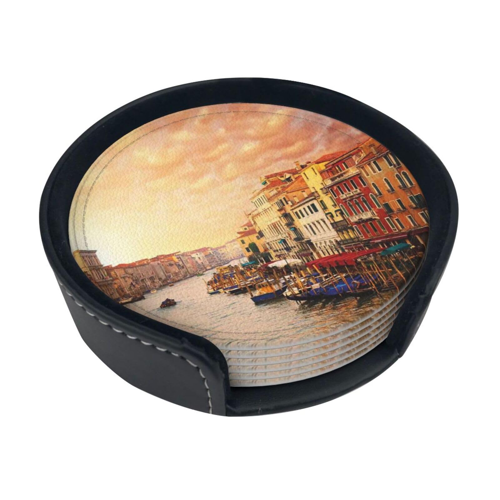 WKSGDSG Leather Coasters Set Of 6, Heat-Resistant Pu Leather Drink Coasters, Non-Slip Beverage Pads For Table Desk, Venice Canal View, Round Coaster Set For Home Office Dining, With Storage Box