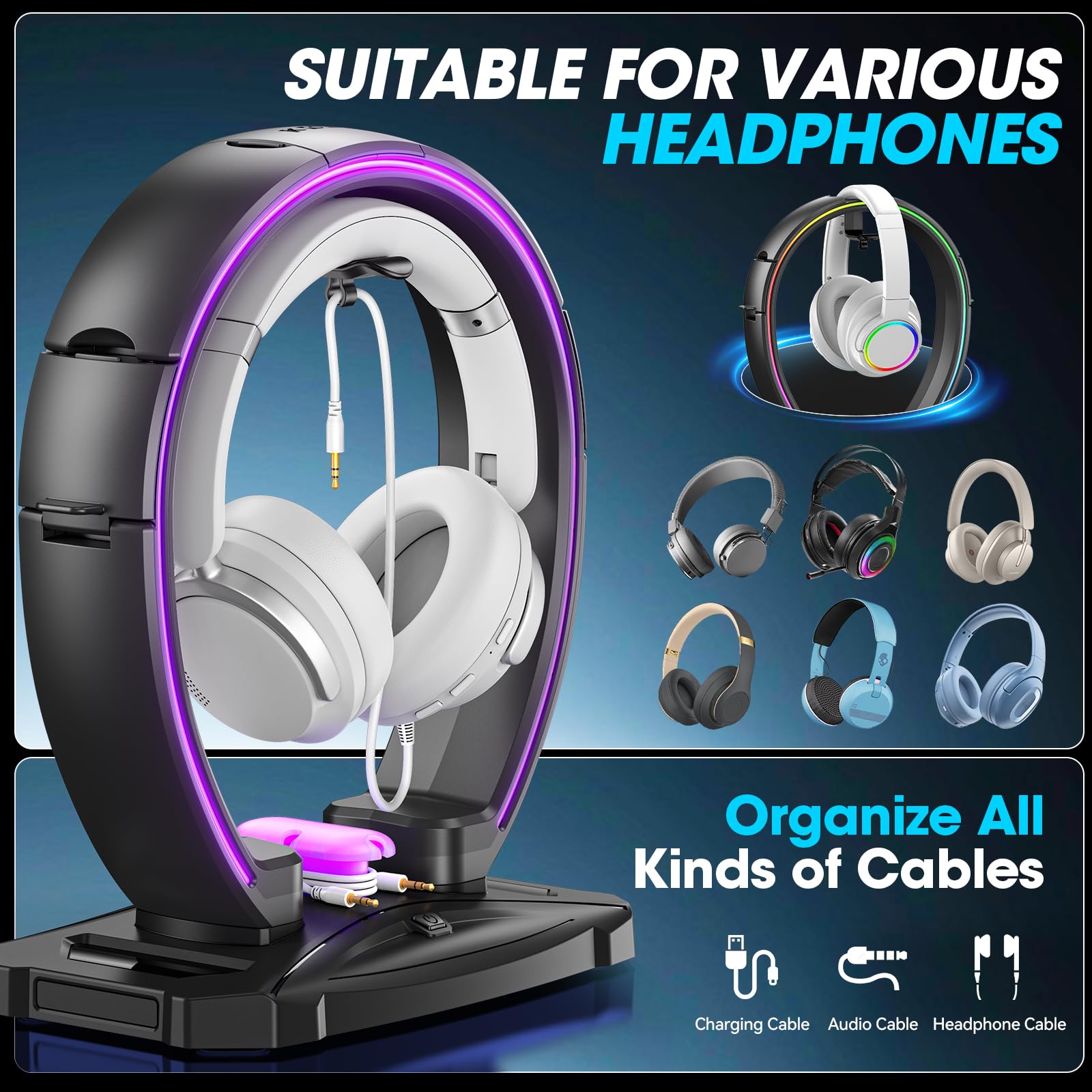 Supporto RGB per cuffie e controller con 9 modalità di illuminazione, gancio pieghevole per controller da scrivania, supporto per auricolari con organizer per cavi, per gamer, accessori