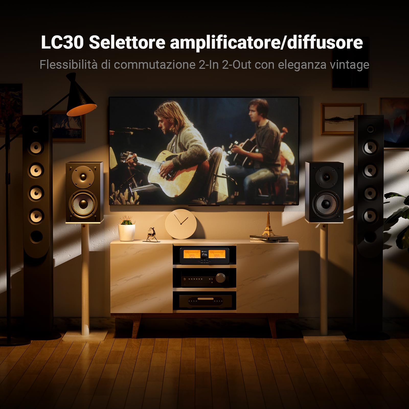 Fosi Audio LC30 Dual VU Meter Audio Visualizer, Commutatore 2 Ingressi 2 Uscite Vintage per Amplificatori Stereo ad Alta Potenza, Componente per Home Theater, Completo di Telecomando